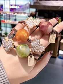 4pcs/8pcs/16pcs Women's Spring & Summer Heart-Shaped Pearl & English Letter Elastic Hair Ties, Elegant & Chic Street Style, Made Of Polyester Fiber (Polyester) Pearl, Spring & Summer - Multicolor - View 9