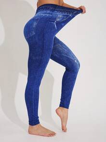 Quần legging thời trang thường ngày cho nữ, tiệc bãi biển ngoài trời hiệu ứng denim giả sờn, thích hợp cho tập luyện thể dục thể thao, quần lửng co giãn mềm mại thoải mái cho yoga, chạy bộ, trang phục thường ngày - Màu xanh lam - Xem 6