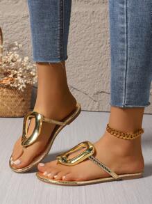 Women Fashion Metallic Flat Sandals - Versatile & Elegant - Summer New Arrival - Comfortable Casual - Daily Outfit - Beach Holiday - Metallic Design - Open Toe - Flat Shoes - Gold - High Heel - Graceful Style - Office Commute - Party & Celebration - Summer - Gold - Synthetic Material - Gold - View 8