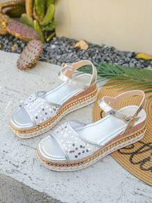 Giày sandal đế xuồng bằng vải lanh mùa hè cỡ lớn 36-43 đế dày đế xuồng lưới bạc đính đá lấp lánh, đế dày cho nữ, mặc hàng ngày, tăng chiều cao - Bạc - Xem 6