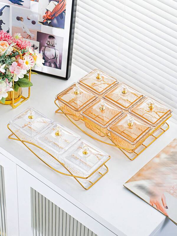 1 Set Luxury Snack Serving Plate, Wavy Pattern Dishes, Plastic Nut & Candy Tray With Lid On Golden Tray, Decorative Partition Display For Living Room Coffee Table, Suitable For Ramadan
