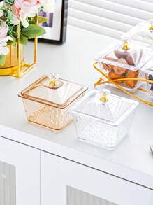 1 Set Luxury Snack Serving Plate, Wavy Pattern Dishes, Plastic Nut & Candy Tray With Lid On Golden Tray, Decorative Partition Display For Living Room Coffee Table, Suitable For Ramadan