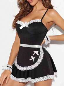 1 套内衣 - 性感吊带连衣裙女仆装带手镯、围裙、角色扮演亲密套装 - 黑與白 - 查看 3