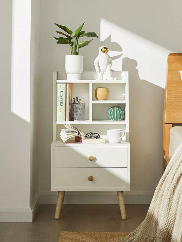 SoBuy Mesa de cabeceira com 2 gavetas e 4 compartimentos Mesa de apoio Mesa de sala de jantar Branco L43xP36xH81 cm FBT100-W PT