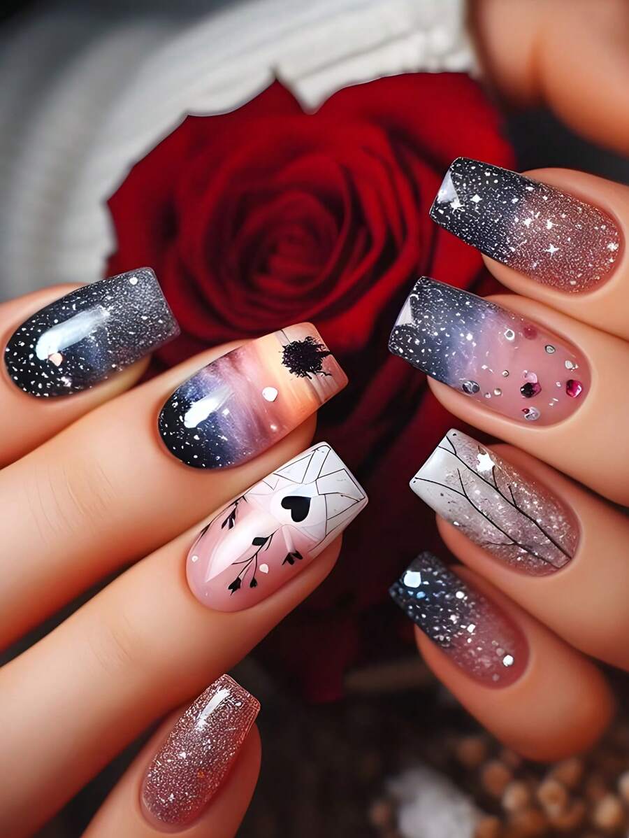 Y2K 提升您的外观 24 件情人节指甲长棺材超光泽按压指甲粉色时尚法式渐变闪光几何条纹圆点花瓣星星心形月亮树叶图案美丽简约风格假指甲人造手指修指甲女士假指甲甜美、可爱、简约、优雅风格美甲套装带可拆卸假指甲贴片适合节日穿着、派对、朋友、约会、日常穿着 - 淺粉色 - 查看 1