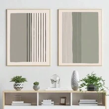 2pcs Abstract Beige And Grey Line Art Canvas Paintings, Wall Art Home Decor, Can Be Framed - Red and White - View 4