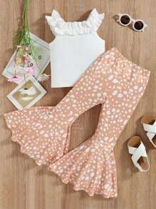 Conjunto de 2 piezas de niña compuesto por top de tirantes con aplicación de encaje floral en unicolor y pantalones acampanados estampados