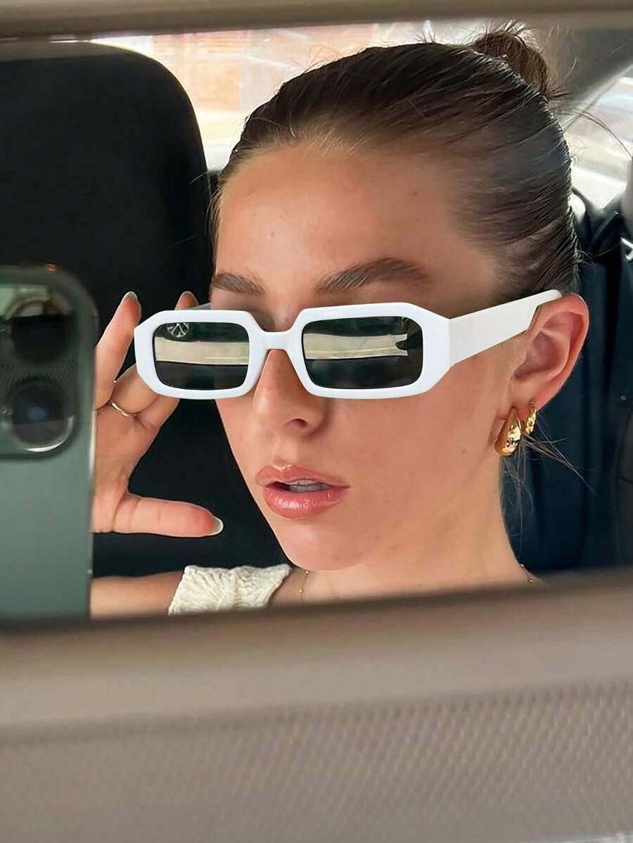 1 件女士亚克力休闲小矩形时尚白色眼镜，适合节日出游、节日礼物和日常生活装扮 - 彩色 - 查看 1