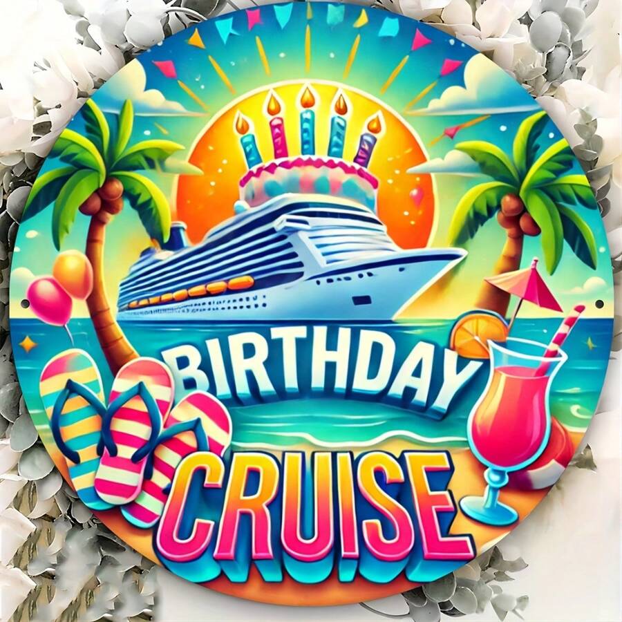 8x8 Inch Round Metal Birthday Cruise Plaque - Ideal Gift For Family, Cafe, Bedroom Etc. - Random Hole Style