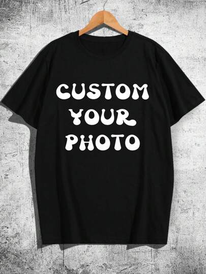 Customized Christmas Photo Print Men's T-Shirt, Upload Your Photo/Group Photo/Lover/Best Friend/Pet/Landscape, Personalized Photo Printing, Men's Black T-Shirt, Birthday/Christmas/Valentine's Day, Christmas Customized, Holiday Gift, Anniversary Gift, Company Team Building Uniform, Music Festival, Gift For Him, Men's Round Neck Short Sleeve T-Shirt, Party