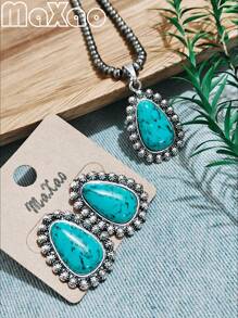Women's Vintage Western Style Turquoise Concho Necklace & Earrings Set, Suitable For Different Outfits, Great Gift For Best Friends; More Vintage Styles Available In-Store - Women's Vintage Western Country Turquoise Concho Necklace and Earrings - View 6