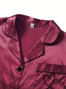 Womens Satin Pajama Set Summer Short Sleeve Heart Embroidery Button Shirt + Shorts Set Loungewear