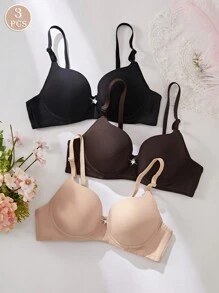 3PCS Lady's Comfortable Casual Wired Soft Cup Solid Lingerie Bra - Multicolor - View 1