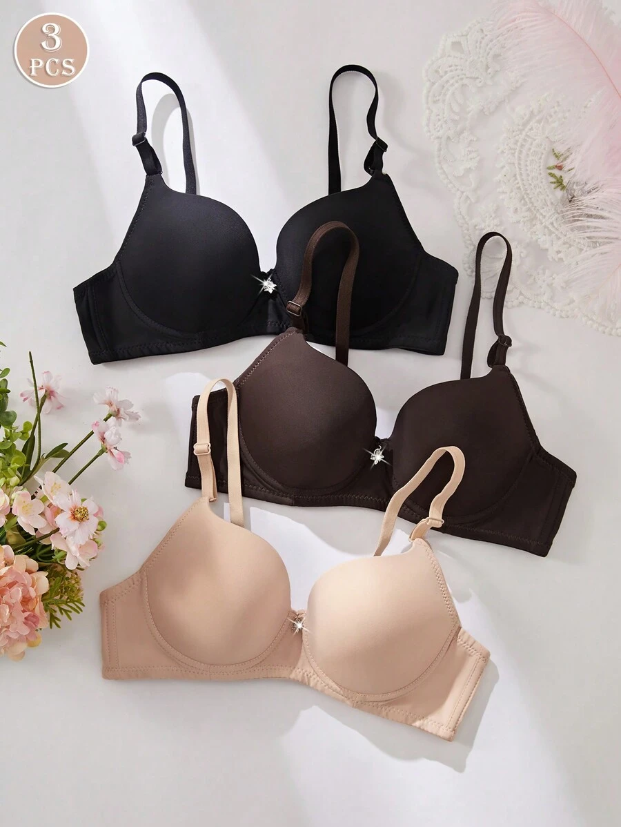 3PCS Lady's Comfortable Casual Wired Soft Cup Solid Lingerie Bra - Multicolor - View 1