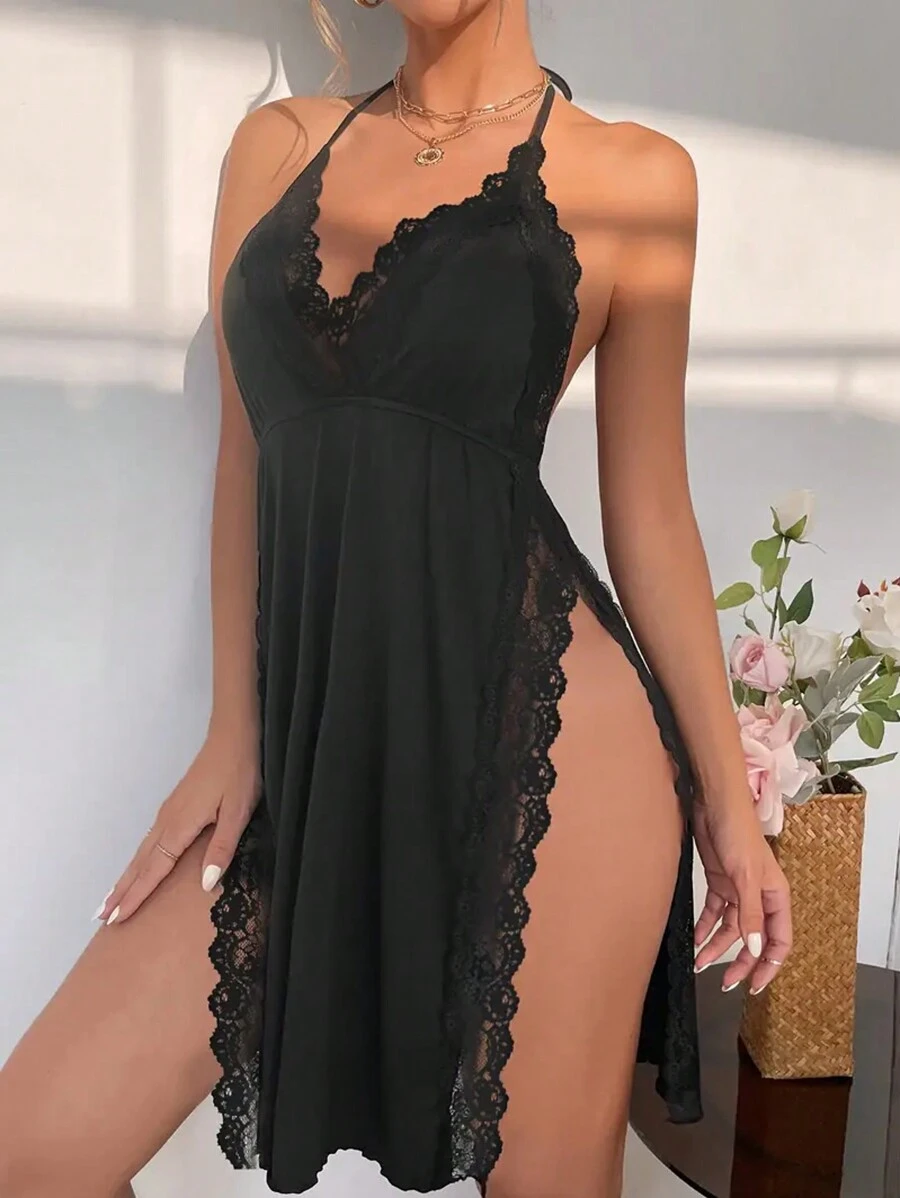 Women'S Sexy Lingerie V-Neck Lace Detail Backless Pajama Dress, Thigh Slit Knit Polyester Slip With Contrast Lace, All-Season Comfort, 95% Polyester 5% Spandex, Perfect For Valentine'S Day & Christmas Gifts - Black - View 1