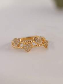 1pc Copper Inlaid Zirconia Creative Double-Layer Heart Design Elegant Fashion Ring For Women - Gold - View 8