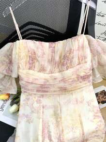 HERTALK Summer Women's A-Line One-Line Shoulder Puffed Sleeve Chiffon Floral Halter Dress,Dresses For Women 2025 Elegant Classy - Hồng - Xem 4
