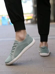1 双针织面料宽头运动鞋、公路跑鞋、徒步鞋、针织鞋面透气步行鞋、宽头户外运动鞋、舒适轻便健身房防滑低帮系带男女通用简约赤足跑鞋 - 綠色 - 查看 4