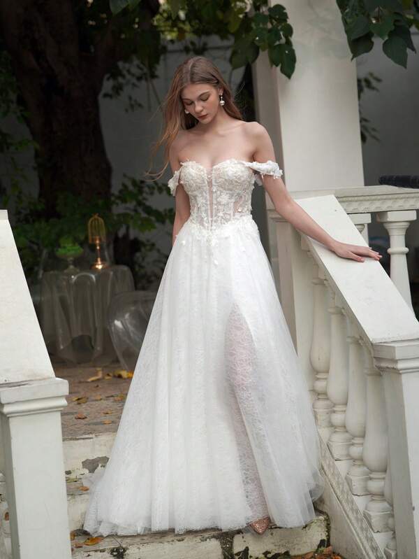 ANGELAG Vestido de noiva elegante com bordado floral 3D e renda, ombro caído, fenda sexy, para área externa, para noiva, vestido de baile