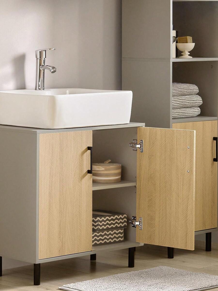 SoBuy 水槽下柜浴室梳妆台浴室储物柜带 2 门 宽 60 x 深 30 x 高 60 厘米 BZR133-NG 家居浴室装饰浴室收纳夏季浴室配件 - 棕色 - 查看 1