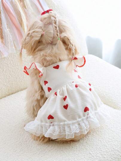 1pc Heart Shaped Cap Sleeve Lace Trim Dress, Extremely Romantic & Cute, Suitable For Pets (Cats/Dogs) To Wear On Occasions Like Valentine's Day, Weddings, Parties, All Seasons