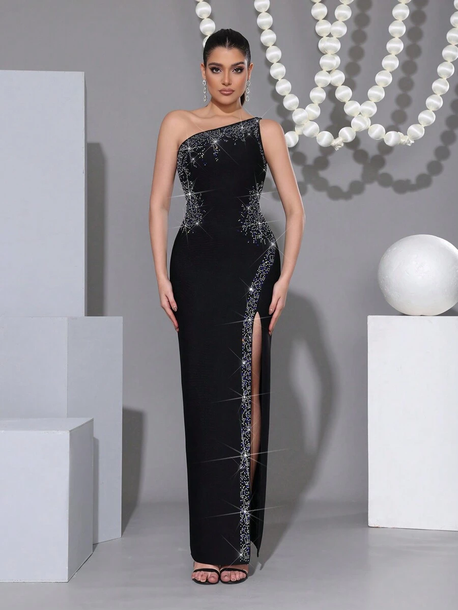 Modphy Váy bodycon hở vai hở vai kim cương lấp lánh gợi cảm, thanh lịch cho khách dự tiệc cưới, tiệc sinh nhật, váy dạ hội trang trọng - màu đen - Xem 1
