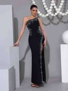 Modphy Váy bodycon hở vai hở vai kim cương lấp lánh gợi cảm, thanh lịch cho khách dự tiệc cưới, tiệc sinh nhật, váy dạ hội trang trọng - màu đen - Xem 3
