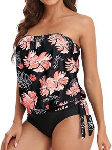 2pcs Women's Floral Print Slimming Gather Removable Spaghetti Strap Tankini Swimsuit Set - Black Background With Red Flowers - View 3