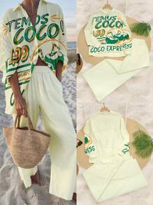 Women's Carnival/Festival Outfit, K-POP Beach Vacation Letter Print Long Sleeve Shirt And Pants 2 Pieces Set, Spring/Summer - Mint Green - View 2