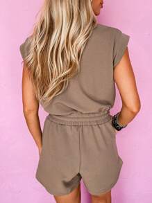 Astylish Rompers For Women Summer Casual Short Sleeve Zip Front Drawstring Waist Romper Textured Cropped Jumpsuit Vacation Outfit