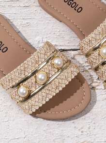 1 Pair Girls Artificial Button Decor Anti-Slip Round Toe Flat Sandals, Fashion Casual Beach Daily Wear