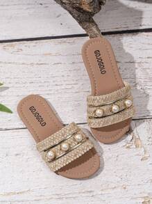 1 Pair Girls Artificial Button Decor Anti-Slip Round Toe Flat Sandals, Fashion Casual Beach Daily Wear