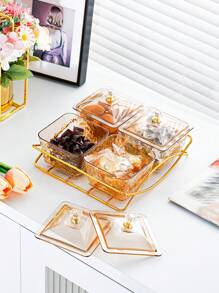 1 Set Luxury Snack Serving Plate, Wavy Pattern Dishes, Plastic Nut & Candy Tray With Lid On Golden Tray, Decorative Partition Display For Living Room Coffee Table, Suitable For Ramadan