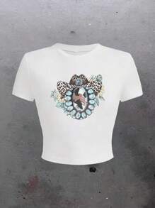Graphic Printed Cropped T-Shirt, Y2K Spring And Summer Short-Sleeved Crop Top, Women's