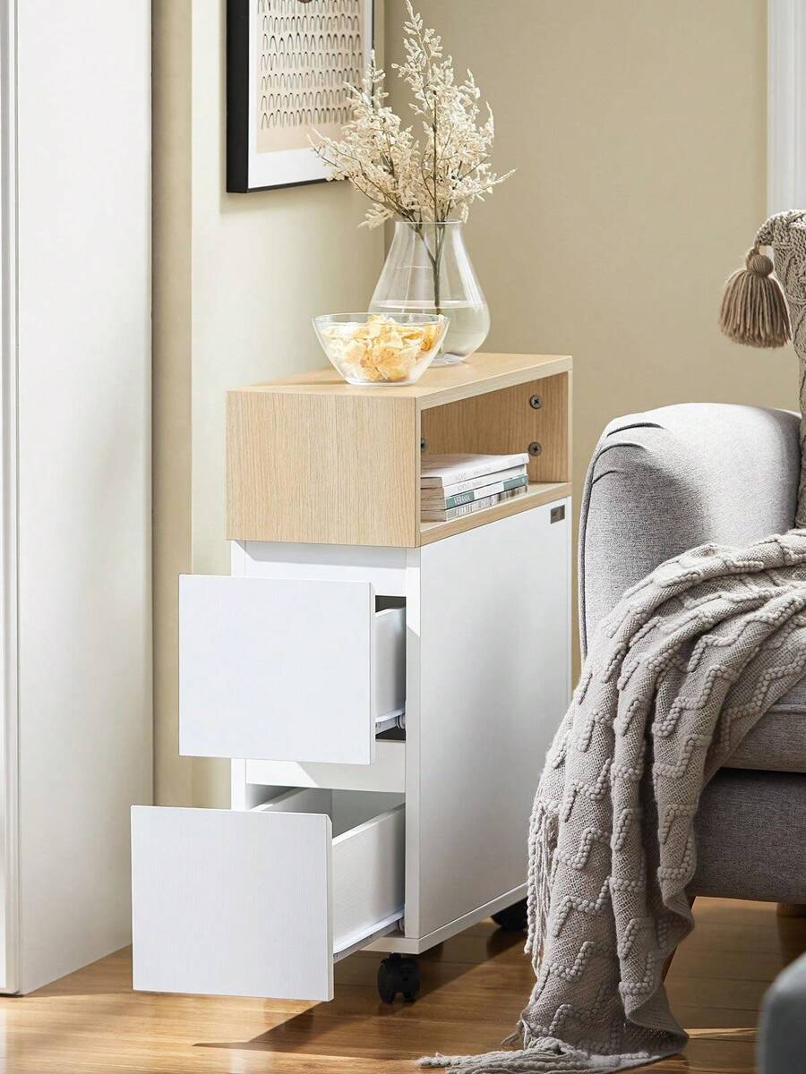 SoBuy Nightstand, Bathroom Trolley, Niche Shelf, Box Spring Bed, Telephone Table, Bedside Table, Niche Trolley, Rolling Trolley, Side Table, Narrow, White/Natural, Approx. 20x61x50cm (WxHxD), FBT155-WN - White - View 1