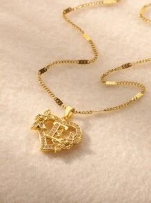 1件优雅锆石心形花朵字母吊坠项链，浪漫金色不锈钢链条字母项链，时尚饰品，圣诞礼物 - 字母 - 查看 7