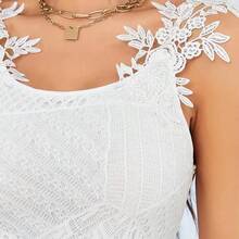 Women's Solid Color Minimalist Fitted Lace Patchwork Strap Casual Mini Dress - White - View 4