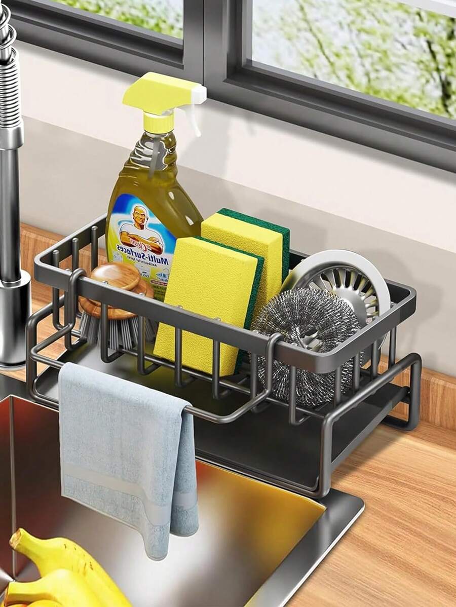 Soporte para Esponjas de Fregadero - Caddy Auto-Desagüe, Organizador de Platos de Acero Antióxido con Rack Removible para Paños, Dispensador de Jabón y Soporte para Cepillos para Baño - Gris - Ver 1