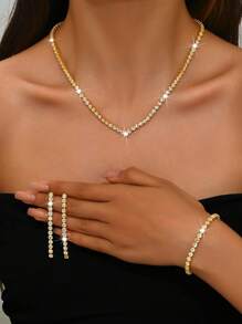 1set Elegant Glitter Collarbrone Necklace, Earrings, And Bracelet Jewelry Set, Suitable For Women To Wear In Daily Life, Wedding, Banquet And Party