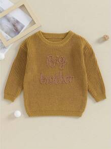 Toddler Baby Girl Boy Long Sleeve Knit Sweater Brothers Letter Embroidery Round Neck Pullover Fall Winter Tops - Màu vàng - Xem 2