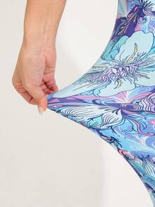 女士蓝色花卉印花紧身裤，弹力紧身裤，适合休闲、健身、锻炼、跑步、举重、瑜伽、居家室内、户外活动、海滩派对，七分之一长度，适合散步、购物 - 淺藍色 - 查看 8