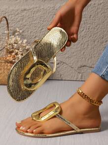 Women Fashion Metallic Flat Sandals - Versatile & Elegant - Summer New Arrival - Comfortable Casual - Daily Outfit - Beach Holiday - Metallic Design - Open Toe - Flat Shoes - Gold - High Heel - Graceful Style - Office Commute - Party & Celebration - Summer - Gold - Synthetic Material - Gold - View 6