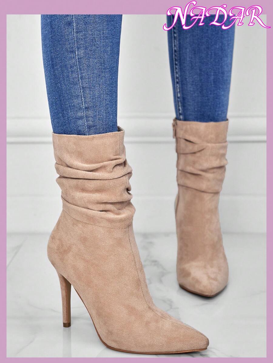 女士秋冬尖头褶皱侧拉链时尚高跟靴，仿鹿皮材质，10厘米优雅户外修身小腿靴，派对靴