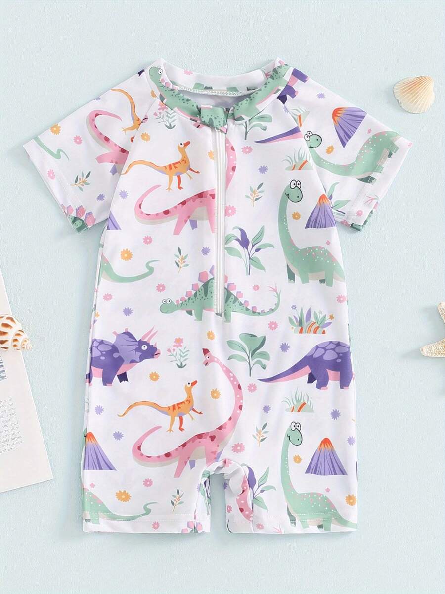 Traje de baño con estampado de dinosaurio para bebé niño, cuello redondo, media cremallera, manga corta, traje de baño para bebé niño pequeño - Blanco - Ver 1