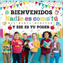 西班牙假日学校欢迎回来横幅，白色丝带卷，免电，涤纶材料，适用于教室、学校布告栏或家居装饰 - 彩色 - 查看 5