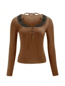 Women's Fashion Minimalist Lace Butterfly Patchwork Backless Camisole, Fitted Solid Color Long Sleeve Top, Basic Summer Wear - Brown - View 4