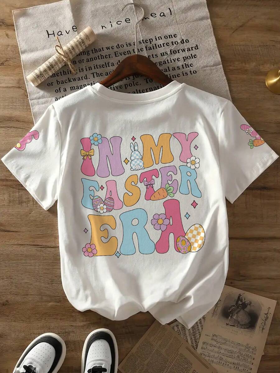 复活节快乐标语印花圆领T恤，夏季休闲柔软上衣 - 白色 - 查看 1