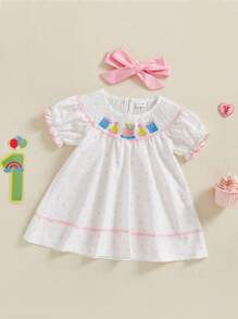 Vestido para niñas pequeñas, vestido informal de manga corta con bordado de pastel de cumpleaños, vestido de princesa para bebé, ropa de cumpleaños con diadema - Blanco - Ver 2