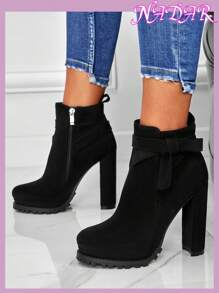 Women's Autumn/Winter Side Zipper Butterfly Decor Waterproof Platform Round Toe Anti-Slip High Heel Ankle Boots, Fashionable & Versatile Suede-Like Short Booties,Boots For Women