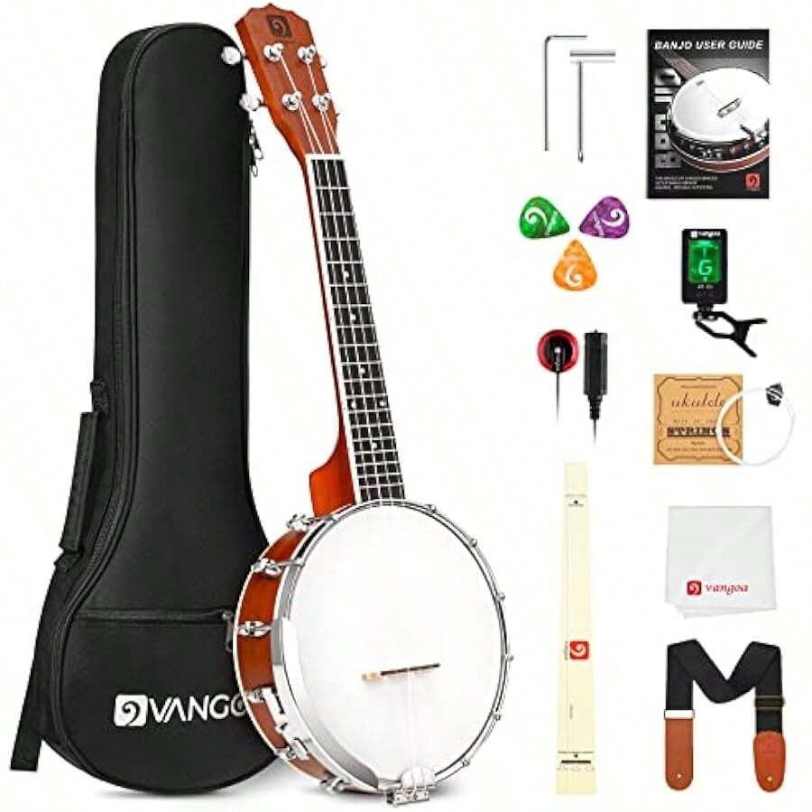 Vangoa Banjolele Concert Banjo Ukulele 4 String 23 Inch Travel Banjo Portable Kit For Beginners With Extra Strings Strap Pick-Up Picks Tuner And Carry Case - Brown1 - View 1